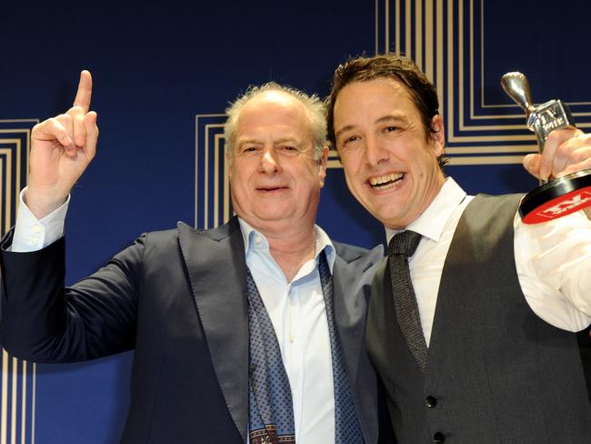 Samuel Johnson, with the Silver Logie for Best Actor, in Channel Seven’s “Molly” and Michael Gudinski, at the 2017 Logie Awards at the Crown Casino in Melbourne, Sunday, April 23, 2017. Picture: AAP Image/Joe Castro