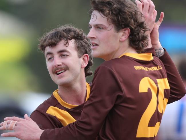 Football BFNL Drysdale v AngleseaDrysdale 25 Joel Watson kicks a goal celebrates with 14 Jake Hargreaves Picture: Mark Wilson