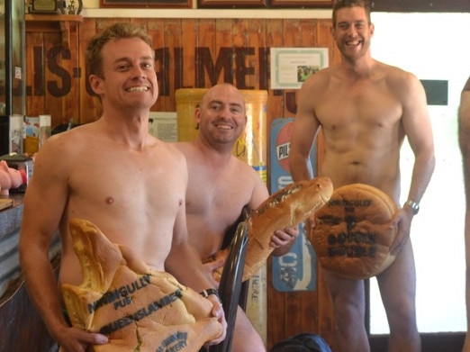 Grant Denyer and his Sunrise crew strip off to shoot a calendar inside Australia's oldest pub, the Nindigully pub in Queensland, which also happens to be home to Australia's biggest hamburger. Picture: Supplied