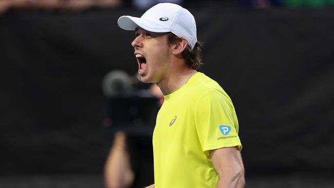 PERTH, AUSTRALIA - JANUARY 03: Alex de Minaur of Team Australia celebrates winning his singles match against Novak Djokovic of Team Serbia during day six of the 2024 United Cup at RAC Arena on January 03, 2024 in Perth, Australia. (Photo by Paul Kane/Getty Images)