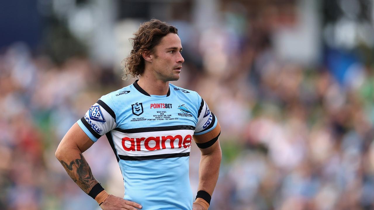 SYDNEY, AUSTRALIA - MARCH 31: Nicho Hynes of the Sharks warms up during the round four NRL match between Cronulla Sharks and Canberra Raiders at PointsBet Stadium, on March 31, 2024, in Sydney, Australia. (Photo by Cameron Spencer/Getty Images)