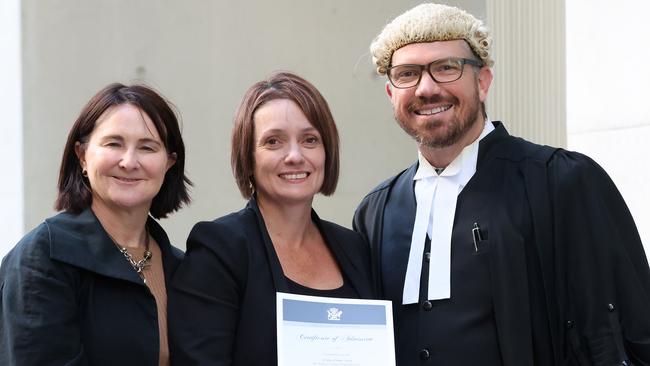 Susie Forte (centre) with Senior Constable Cath Nielsen and barrister David Funch following her admission ceremony to be a practising lawyer, Supreme Court of Queensland, Brisbane. Picture: Liam Kidston.