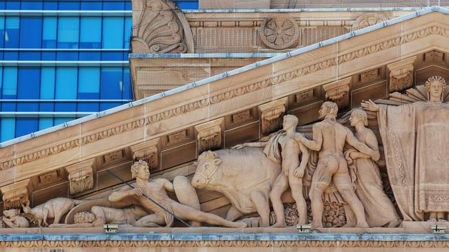 Gable sculpture on City Hall in King George Square, Brisbane CBD on Wednesday, January 17, 2018. (AAP Image/Claudia Baxter)