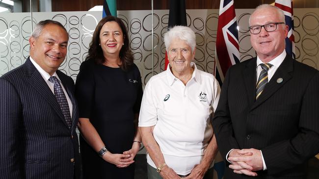 Gold Coast Mayor Tom Tate, Premier Annastacia Palaszczuk, Olympic swimmer Dawn Fraser and Sunshine Coast Mayor Mark Jamieson. Picture: AAP/Josh Woning