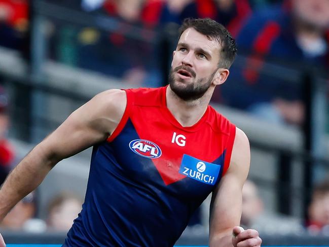 MELBOURNE, AUSTRALIA - AUGUST 20: Joel Smith of the Demons celebrates a goal during the 2023 AFL Round 23 match between the Melbourne Demons and the Hawthorn Hawks at Melbourne Cricket Ground on August 20, 2023 in Melbourne, Australia. (Photo by Dylan Burns/AFL Photos)