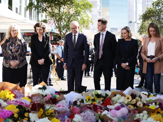 Politicians paying their respects (L-R) Waverly Mayor Paula Massalos, Wentworth MP Allegra Spender, PM Anthony Albanese, NSW Premier Chris Minns and  Coogee MP Majorie OÃNeill and MP Vaucluse Kellie Sloane at Westfield Bondi Junction shopping centre where six people were killed in a knife attack in Sydney's east. Eight others who were injured, including a nine-month-old child, remain in hospital, some in a critical condition. The perpetrator was shot dead inside the mall by a lone policewoman. Jane Dempster/The Daily Telegraph.