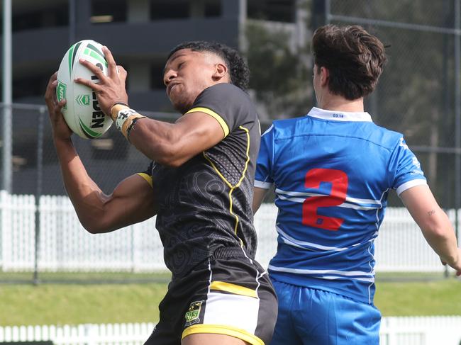 DAILY TELEGRAPH. MAY 7, 2025. Pictured is The Peter Mulholland Cup at Ringrose Park, Wentworthville today. St Dominic's College (Blue) v Bass Hill HS. Picture: Tim Hunter.