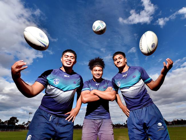 MELBOURNE, AUSTRALIA - MAY 2ND, 2022 : The NRL are expanding their pathways program in Victoria, with The Grange College joining the ranks for the first time.L-R : Muao Kaisala, Richard Junior Gabriel and Ethan Barlow-Sua.Picture : Nicki Connolly