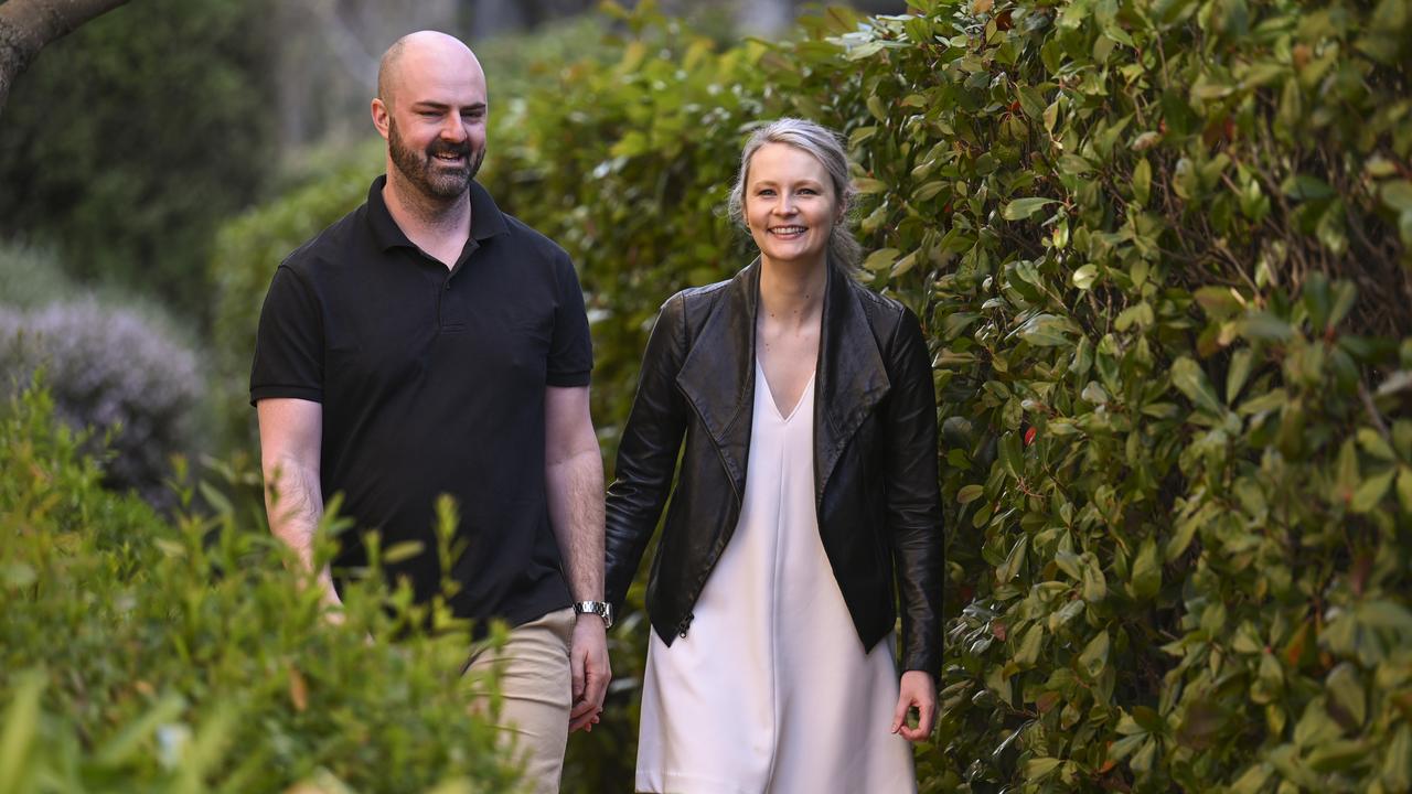 Allyson Martin and her husband David Uncle will join 10,000 others when she stands on the MCG for the Field of Women before Sunday’s AFL match between Melbourne and Hawthorn. Picture: Martin Ollman