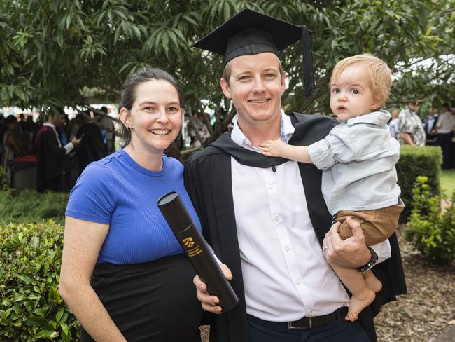 Bachelor of Engineering graduate Alistair Thorogood with wife Emily and son Kai Thorogood at a UniSQ graduation ceremony at Empire Theatres, Wednesday, February 14, 2024. Picture: Kevin Farmer