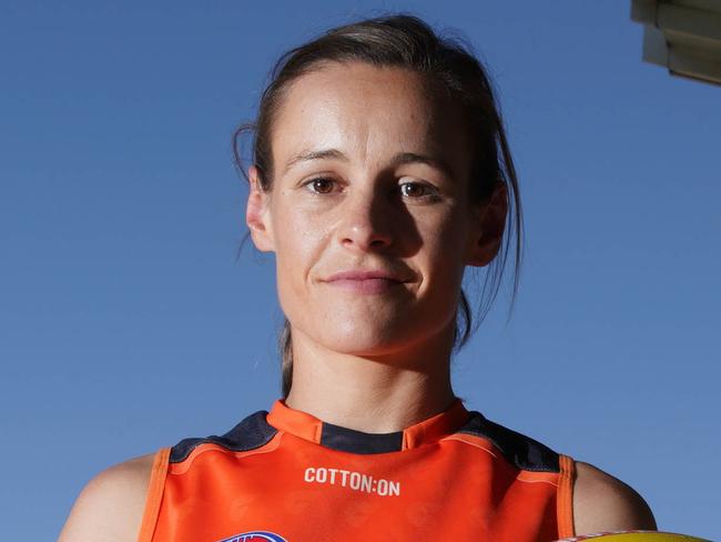 Giants AFLW player Alicia Eva poses for photographs at Drummoyne Oval in Sydney, Thursday, February 8, 2018. (AAP Image/Ben Rushton) NO ARCHIVING