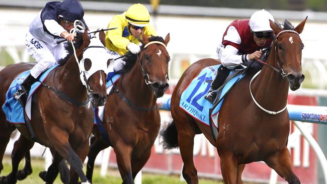 Earthquake and Damian Browne (right) combine to win the 2014 Blue Diamond for Sheik Mohammed bin Rashid Al Maktoum. Picture: Michael Klein