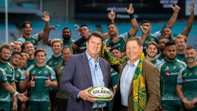 Rugby Australia chairman Hamish McLennan and executive director, Rugby World Cup 2027 bid, Phil Kearns with the Wallabies at ANZ Stadium. Photo: Stuart Walmsley / Rugby Australia