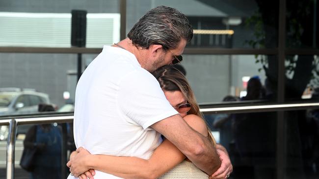 Family and friends of the victims of the crash leave Maroochydore Court House. Lisa Latimer talked to the media. (Camel colour top), Picture: NewsWire / John Gass