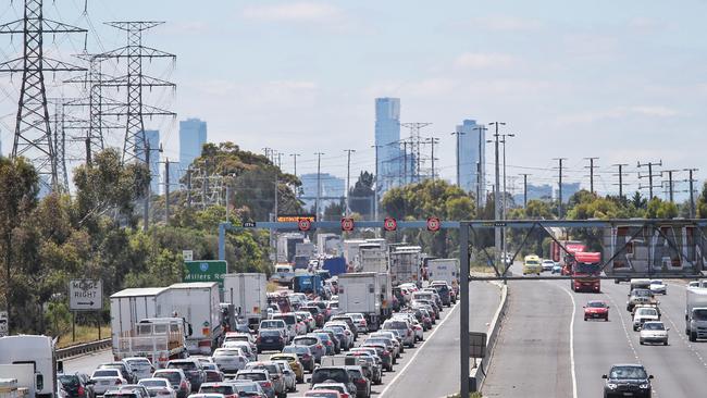 Traffic chaos in the western suburbs on the Westgate Freeway as seen from Grieve Parade, Brooklyn. Picture: Mark Stewart