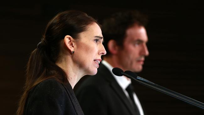 NZ Prime Minister Jacinda Ardern and Minister of Police Stuart Nash as Ms Ardern announced the ban on all military style semiautomatics and assault rifles. Picture: Hagen Hopkins/Getty