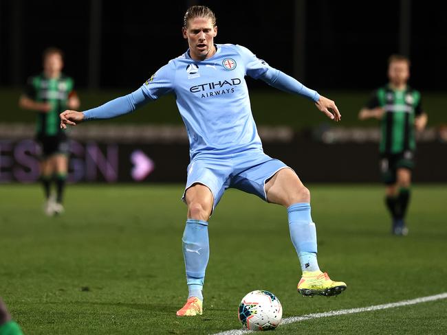 Harrison Delbridge, now playing in Korea’s first division, in action for Melbourne City in 2020. Picture: Ryan Pierse/Getty Images