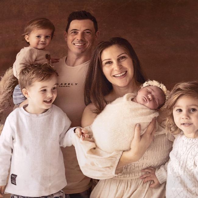 Jockey Dean Holland with his partner Lucy and children Harley, Luca, Lily and Frankie. Picture: Supplied by family