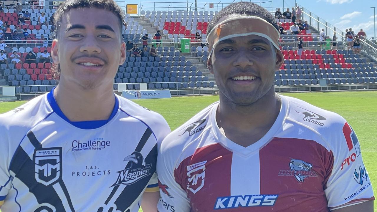 Magpies Israel Leota, left and Redcliffe's Michael Waqa.