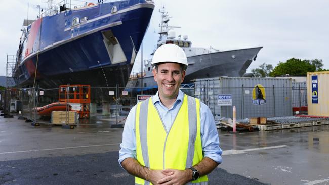 Federal Treasurer Jim Chalmers has visited the Cairns Marine Precinct, to promote the $360 million expansion to the industry, equally funded by the federal and state governments. Treasurer Jim Chalmers inspect two Australian Border Force ships currently undergoing maintainence at the Marine Precinct. Picture: Brendan Radke