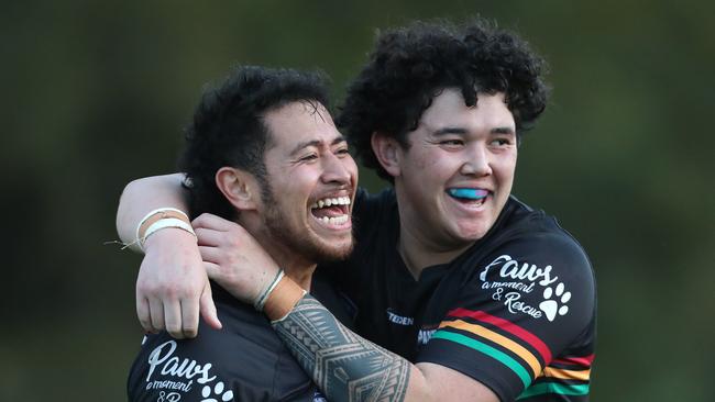 Michael Cheer and Tyler Tuigamala celebrate try in Berkley Vale Panthers v Wyong Roos first grade  in round 3 at Ted Doyle Oval, 27th April 2024 pic Sue Graham