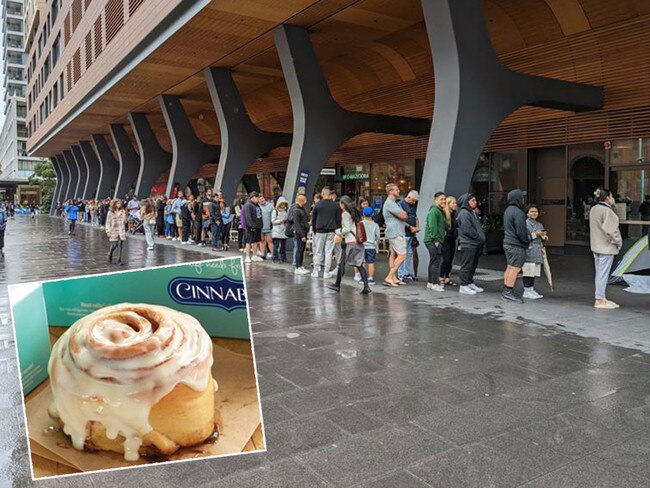 The queue stretches down into Haymarket as Cinnabon opened it's Sydney store. Pictures: Supplied