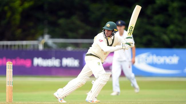 Usman Khawaja plays a leg glance against Derbyshire at the County Ground yesterday. Picture: Getty Images