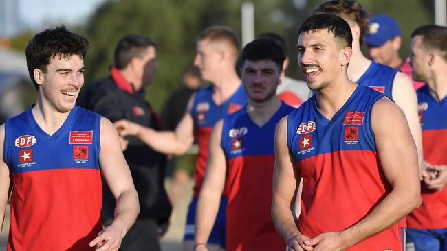 EDFL: Strathmore Community Bank Division One, Round 17. Maribyrnong Park SM vs West Coburg SM at Monk Oval, Mooney Ponds, Victoria, Saturday 10th August 2024. Jubilant Maribrynong celebrate their win over West Coburg n120 to 41. Picture: Andrew Batsch