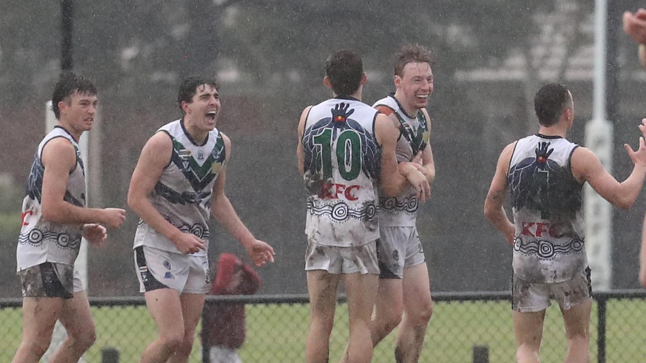 St Mary’s beat Leopold in the wet by 11 points for the second season in a row. Picture: Alan Barber