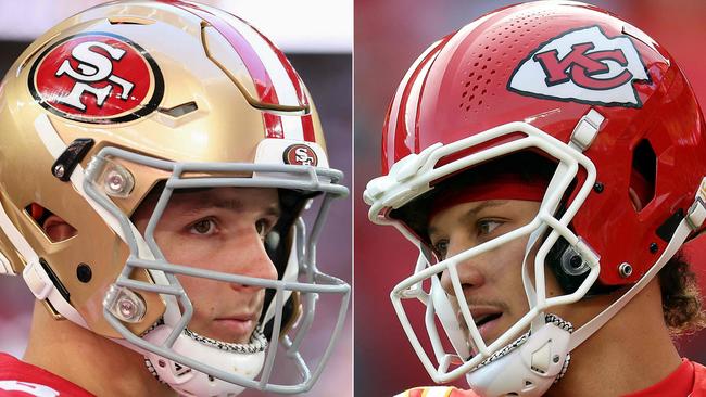 Quarterbacks Brock Purdy of the San Francisco 49ers, left, and Patrick Mahomes of the Kansas City Chiefs. Pictures: Christian Petersen and Jamie Squire/Getty Images North America/AFP