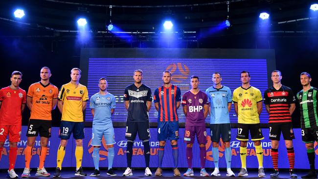 Players at Tuesday’s A-League season launch in Sydney. Picture: AAP