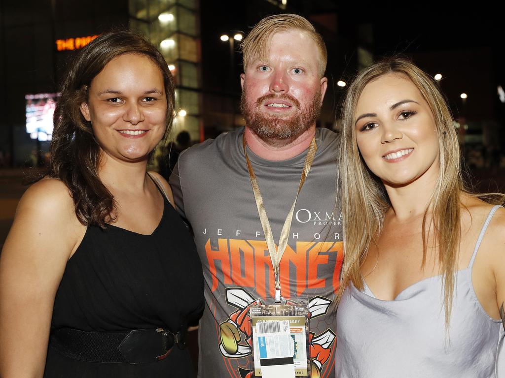 Latara Hawker, Andrew Simons and Josie Haig at Horn-Mundine at Suncorp Stadium. Picture: Josh Woning/AAP