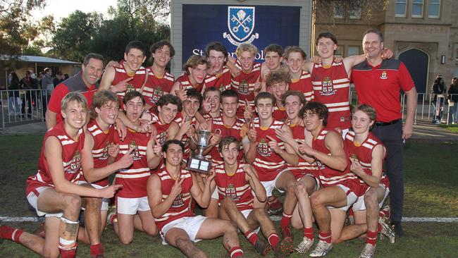 Prince Alfred celebrates after its 2022 Intercol win over St Peter's. Picture: Peter Argent