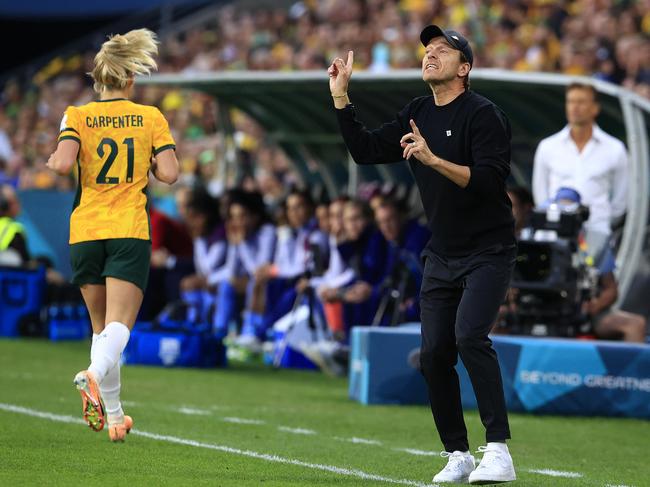 Tony Gustavsson urges the Matildas on. Picture: Adam Head.