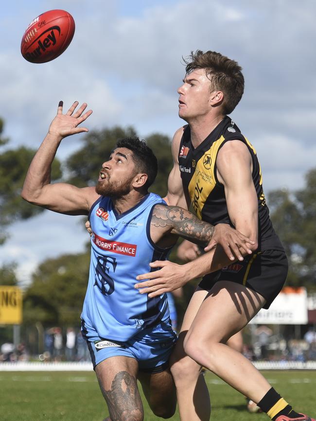 Sturt's Byron Sumner goes up against Glenelg's Tom Schott. Picture: Naomi Jellicoe