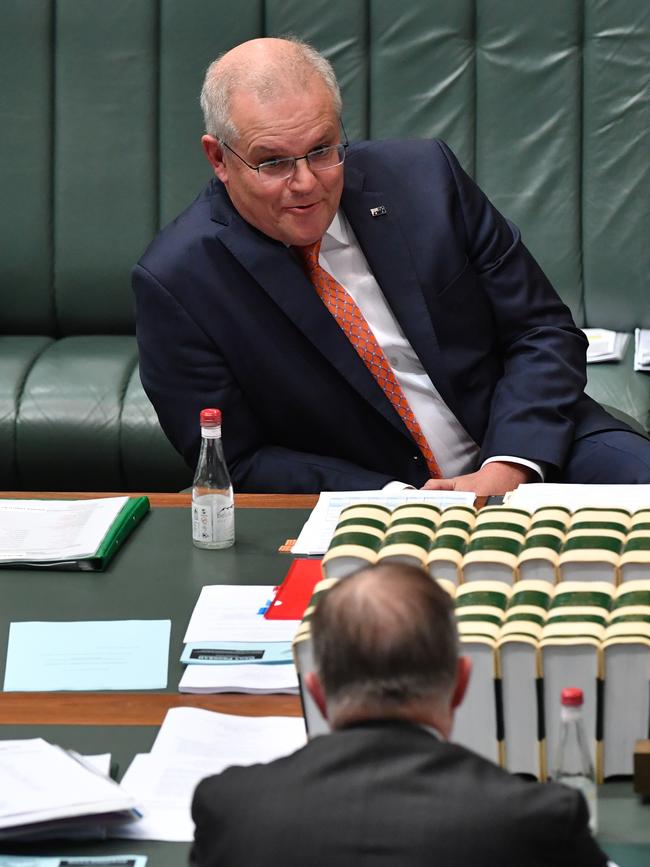 Scott Morrison reacts to Anthony Albanese during question time in the House of Representatives today: Picture: Getty Images