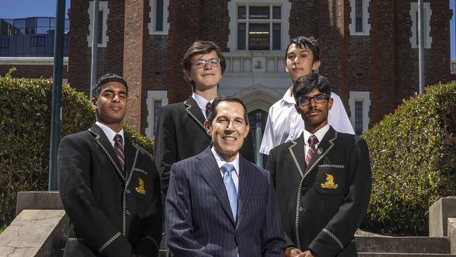 National education story - Maths and STEMMelbourne High Principal Anthony Mordini is joined by students Sandush Peiris (15), Louis Rainsford (15), Gabriel Tran (16) and Shannon Rs (15). Picture: Jake Nowakowski. Picture: Jake Nowakowski