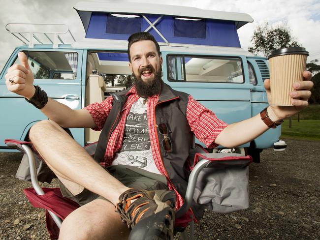 Hipster James Sheffield loves getting away camping. Picture: Nathan Dyer