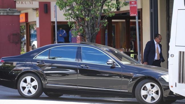 A blacked-out Mercedes arrives for the funeral of Pasquale Barbaro at A. O'Hare funeral parlour in Leichhardt.