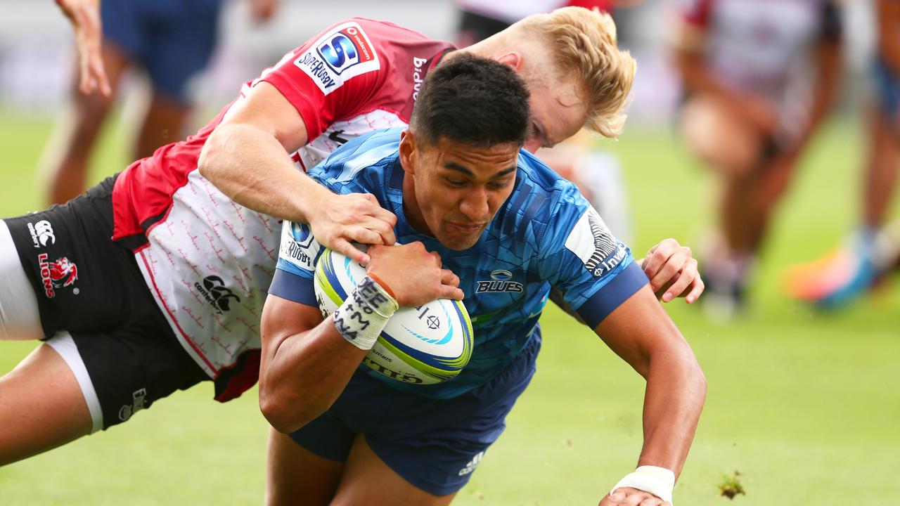 Rieko Ioane of the Blues scores a try during the round seven Super Rugby match.