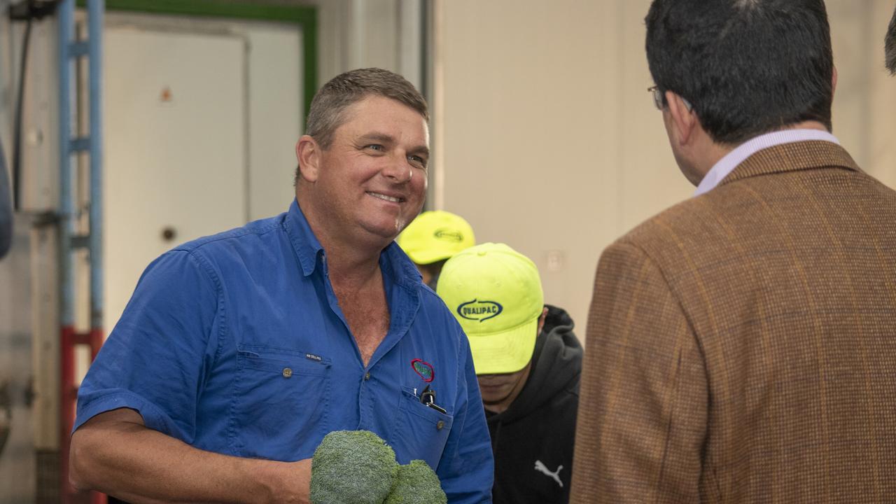 Qualipac director Troy Qualischefski with Japanese Counsl General in Brisbane Kazunari Tanaka at the Qualipac packing sheds. PHOTO: ALI KUCHEL