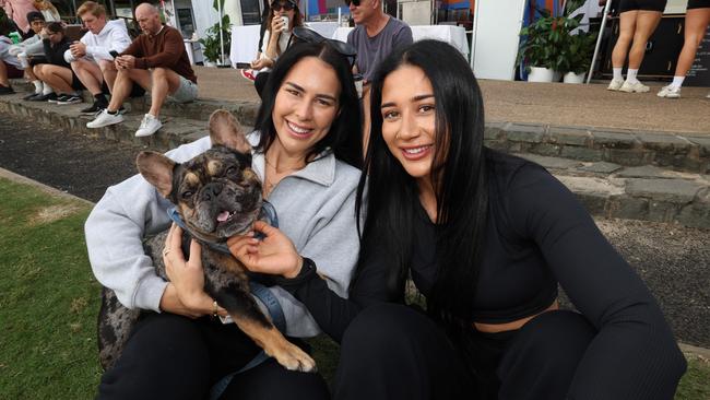 Jessica Johnson and Tallish Revelo with their dog Rocky at the Surf of Origin at Burleigh Beach. Picture: Annette Dew