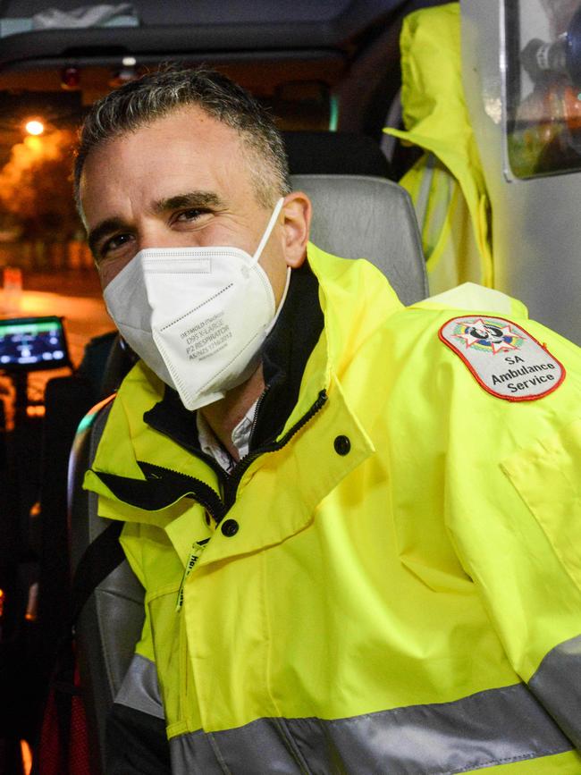 South Australian Premier Peter Malinauskas spent a night with paramedics in an ambulance. Picture: Brenton Edwards