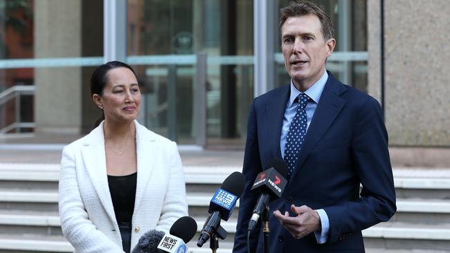 Christian Porter with his Lawyer Rebekah Giles outside the Supreme Court after dropping his claims against the ABC for deformation. Picture: Jane Dempster