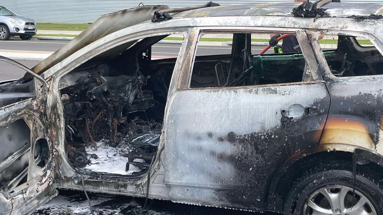 The charred remains of a stolen car on Hervey Bay’s Boundary Rd. Monday, February 17, 2025.
