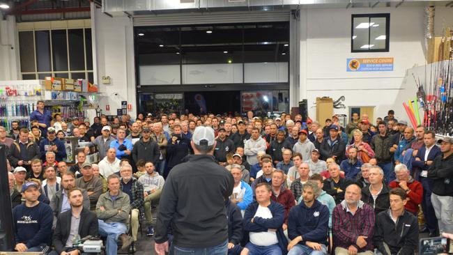 Al McGlashan addresses a huge crowd that packed out the Fishing Station in Mona Vale angry about anglers being locked out - message is loud and clear that enough is enough! Picture: Janet West