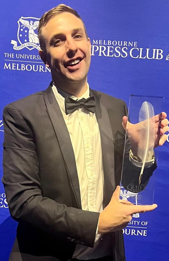 Sam Landsberger last year with his Sports News Quill Award from the Melbourne Press Club, for an exclusive report about newly-installed Essendon CEO Andrew Thorburn’s role with a controversial church. Thorburn’s Bombers reign lasted barely one day due to the revelation. Picture: Julie Tullberg