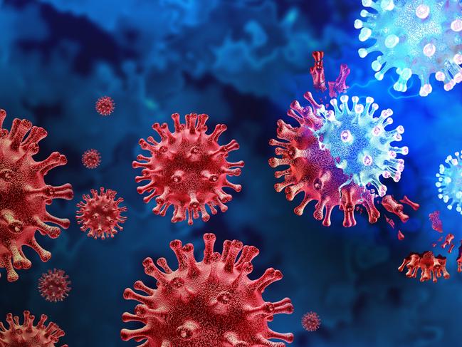 Mutating virus variant and cell mutation variants as a health risk concept and new coronavirus outbreak or covid-19 viral cells mutations and influenza background as a 3D render.