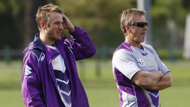 Aaron Bellamy (left) is one of three assistant coaches under Craig Bellamy at the Storm and may be handed the head coaching job when his father retires. Photo: Michael Klein