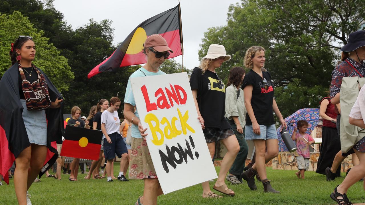 Hundreds of Territorians demonstrated on Invasion Day 2024 by marching from Civic Park through Darwin city on Friday, January 26. Picture: Zizi Averill